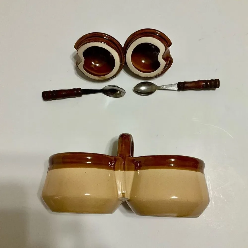 Vintage Double Condiment Jars with Lids and Spoons